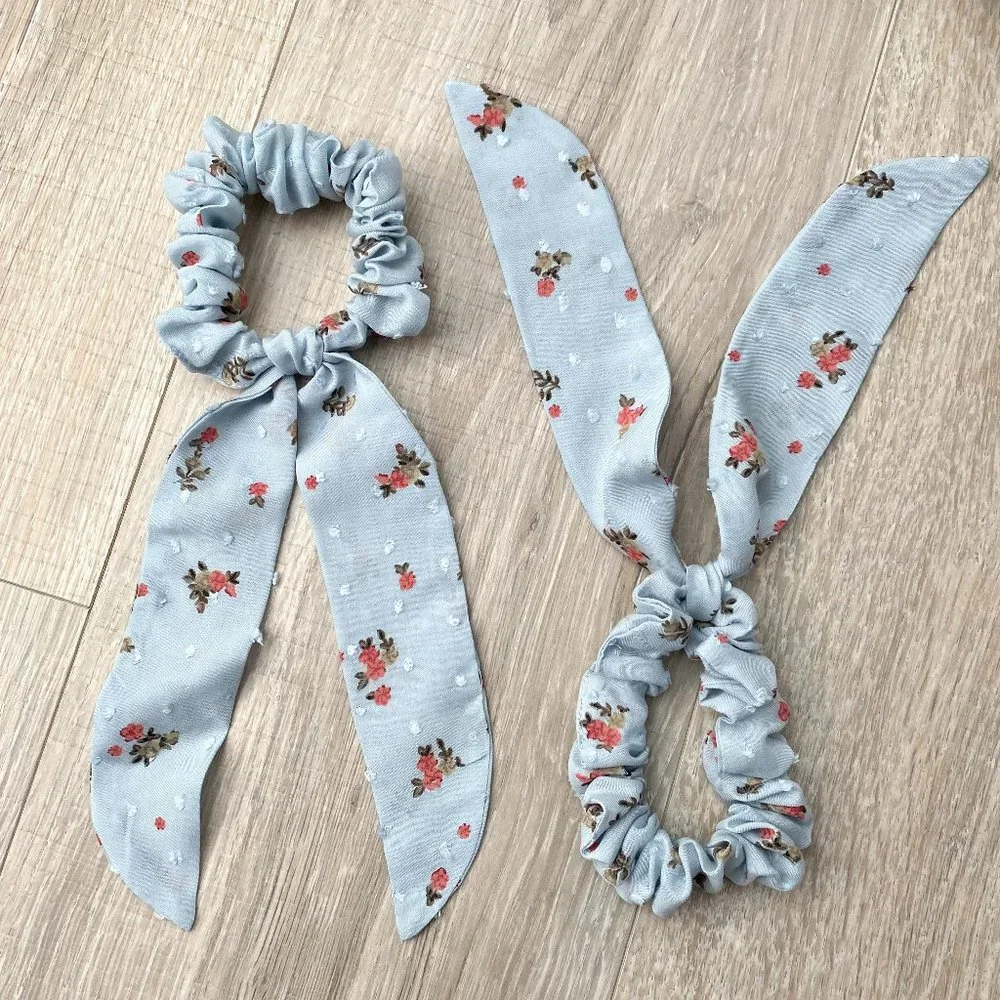 2 NWOT Handmade Light Blue Floral Dot Scrunchies - Picture 1 of 4